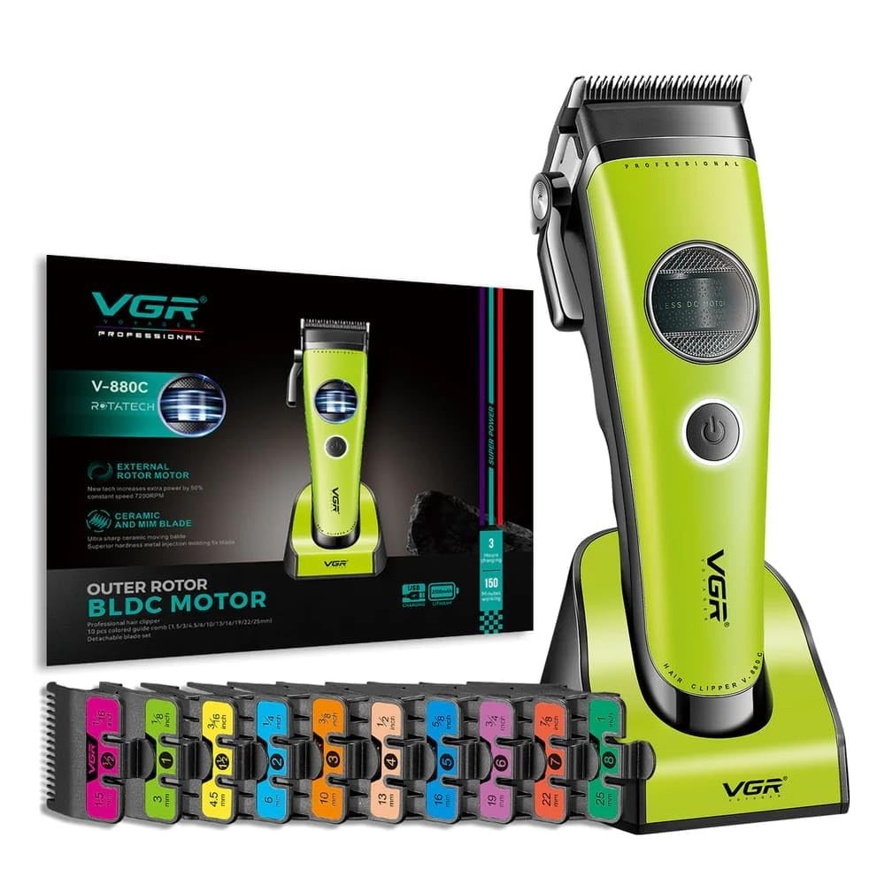 VGR 880C Cordless Hair Clipper 7200RPM Ceramic Blade Charging Base Green