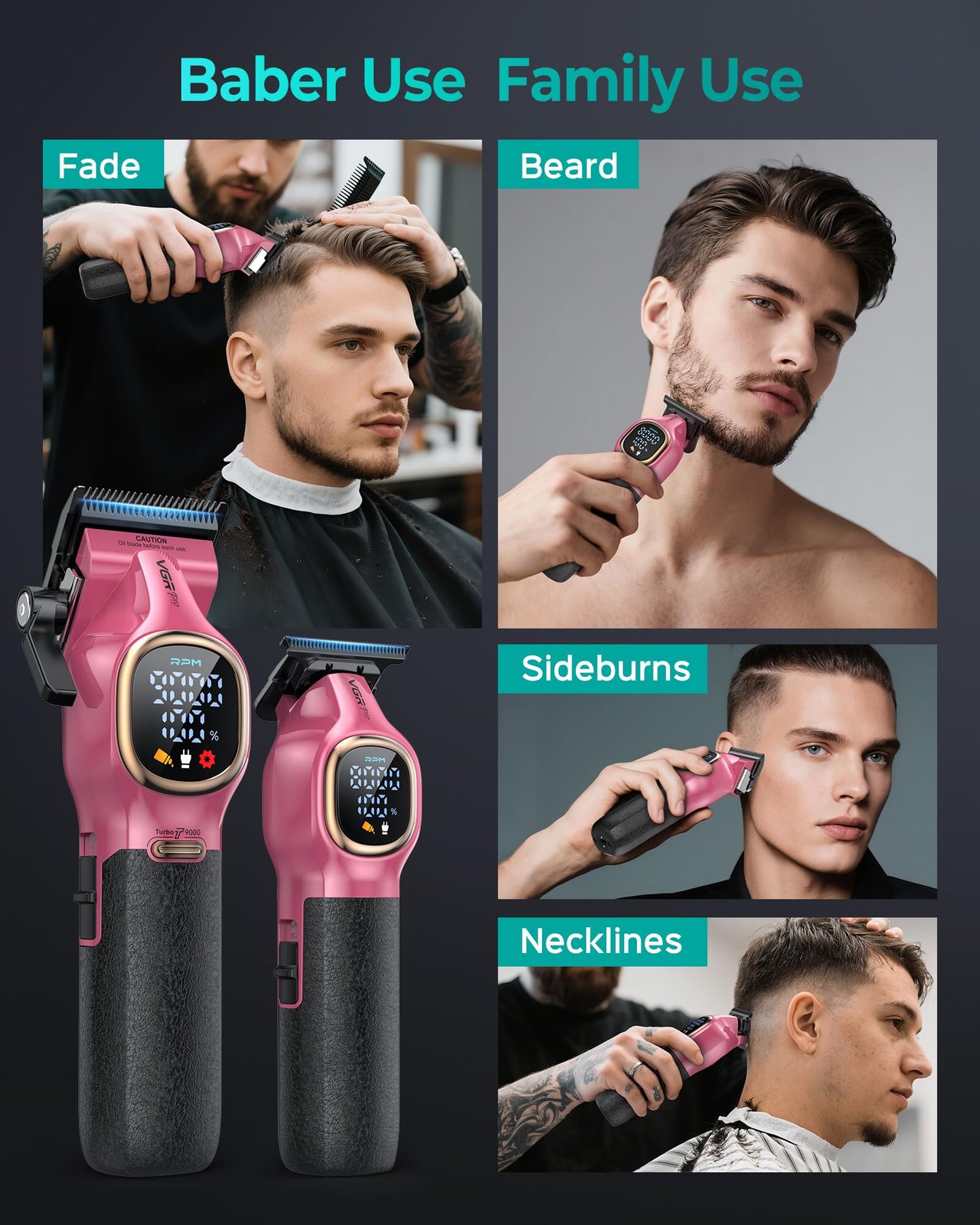 VGRPRO Professional Hair Clippers for Men, Barber Pink
