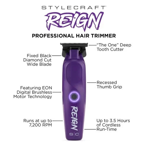 StyleCraft SC422P Reign Digital Brushless Motor Cordless Trimmer – Purple