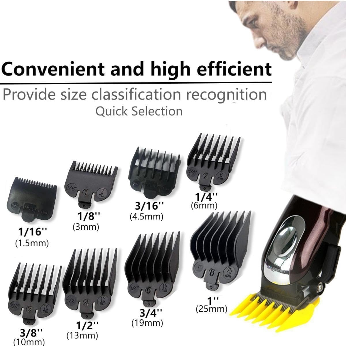 Professional Hair Clipper Combs Guides Set 1/16 To 1 Size Range Black 8 Pieces
