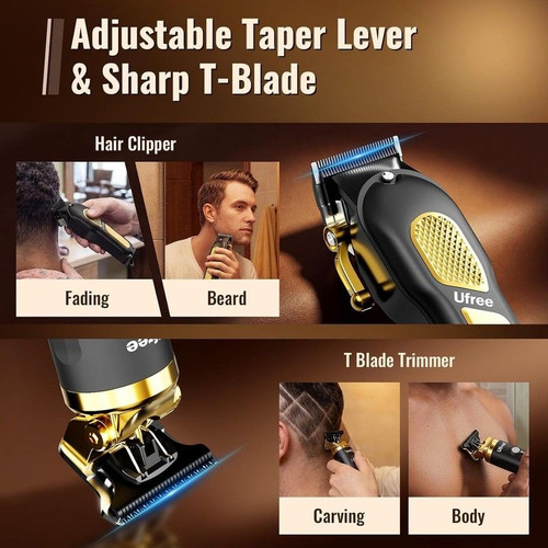 Ufree Professional Cordless Clippers and Trimmers Set for Men Black Gold