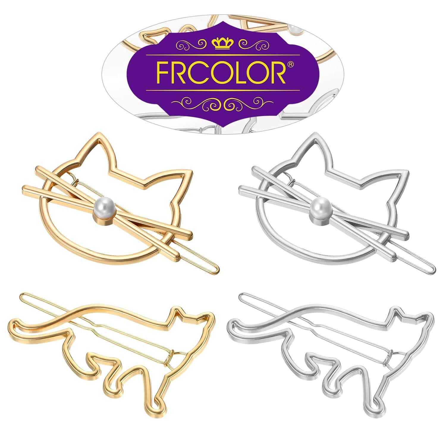 Frcolor Women Hair Clips, 4Pack Metal Novelty Pearl Cat Shaped Gold,Silver