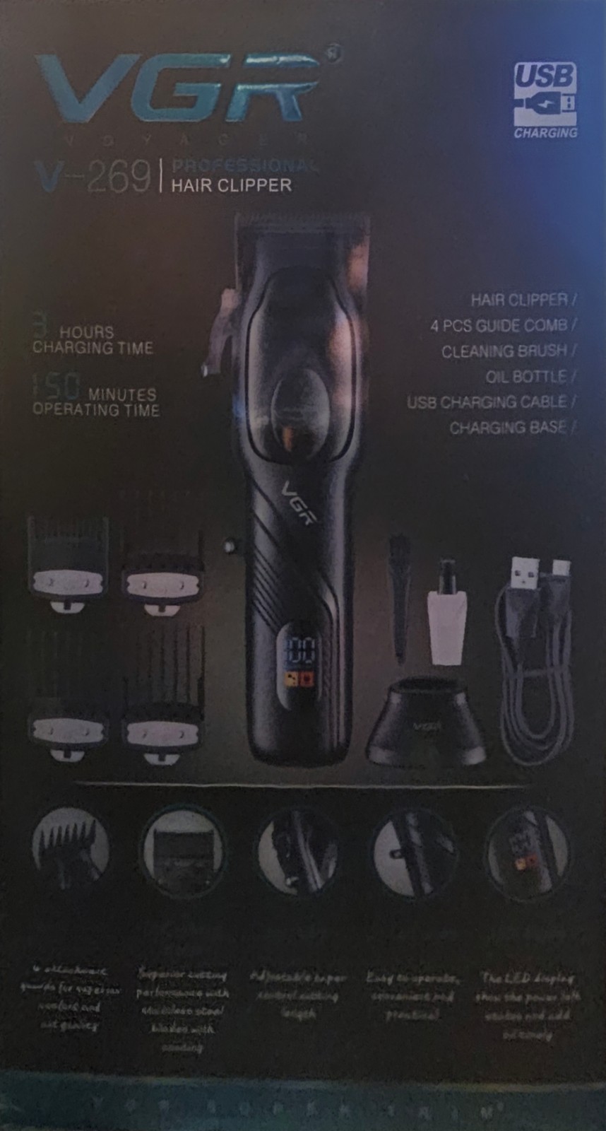 VGR V-269 Cordless Haircutting Kit USB Rechargeable LED, Guards 1.5-6mm