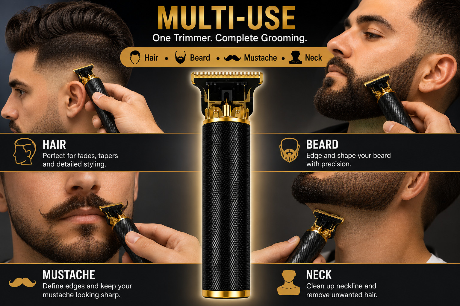 Vintage T9 Cordless Hair Trimmer Beard Clipper USB Rechargeable Gold Black