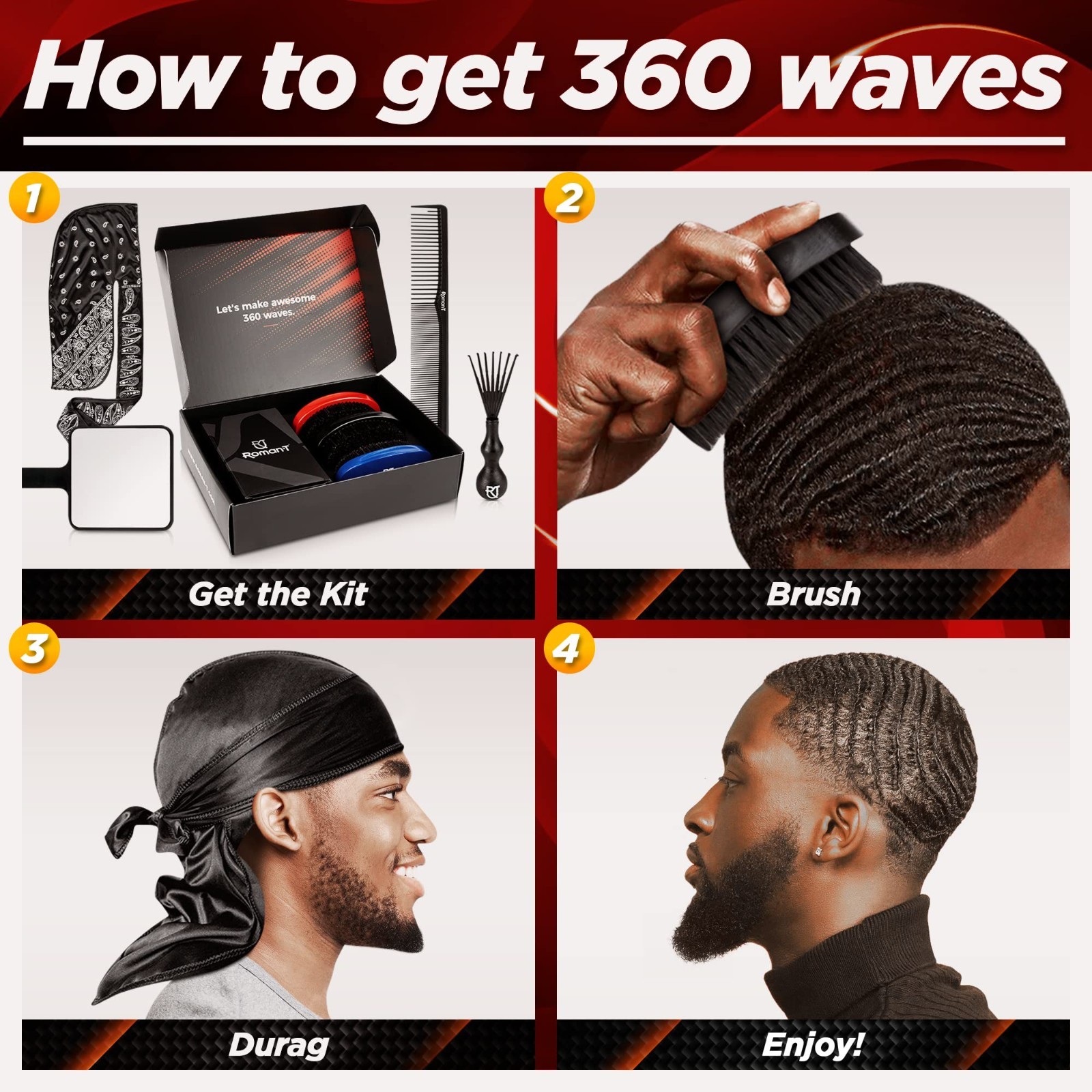 8-in-1 360 Wave Grooming Kit for Men – 3 Wave Brushes, Satin Durags, Mirror & Co