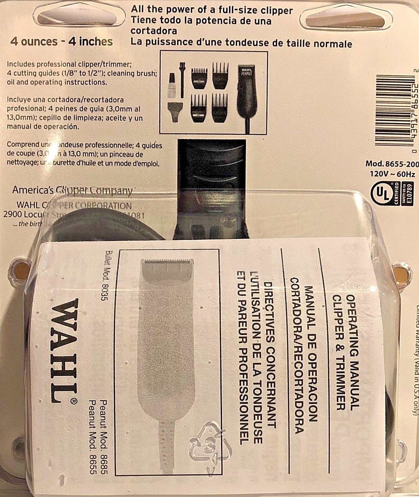 WAHL PROFESSIONAL BK PEANUT CLIPPER/TRIMMER # 8655-200 120V/60HZ 4.OZ, 4” USA!