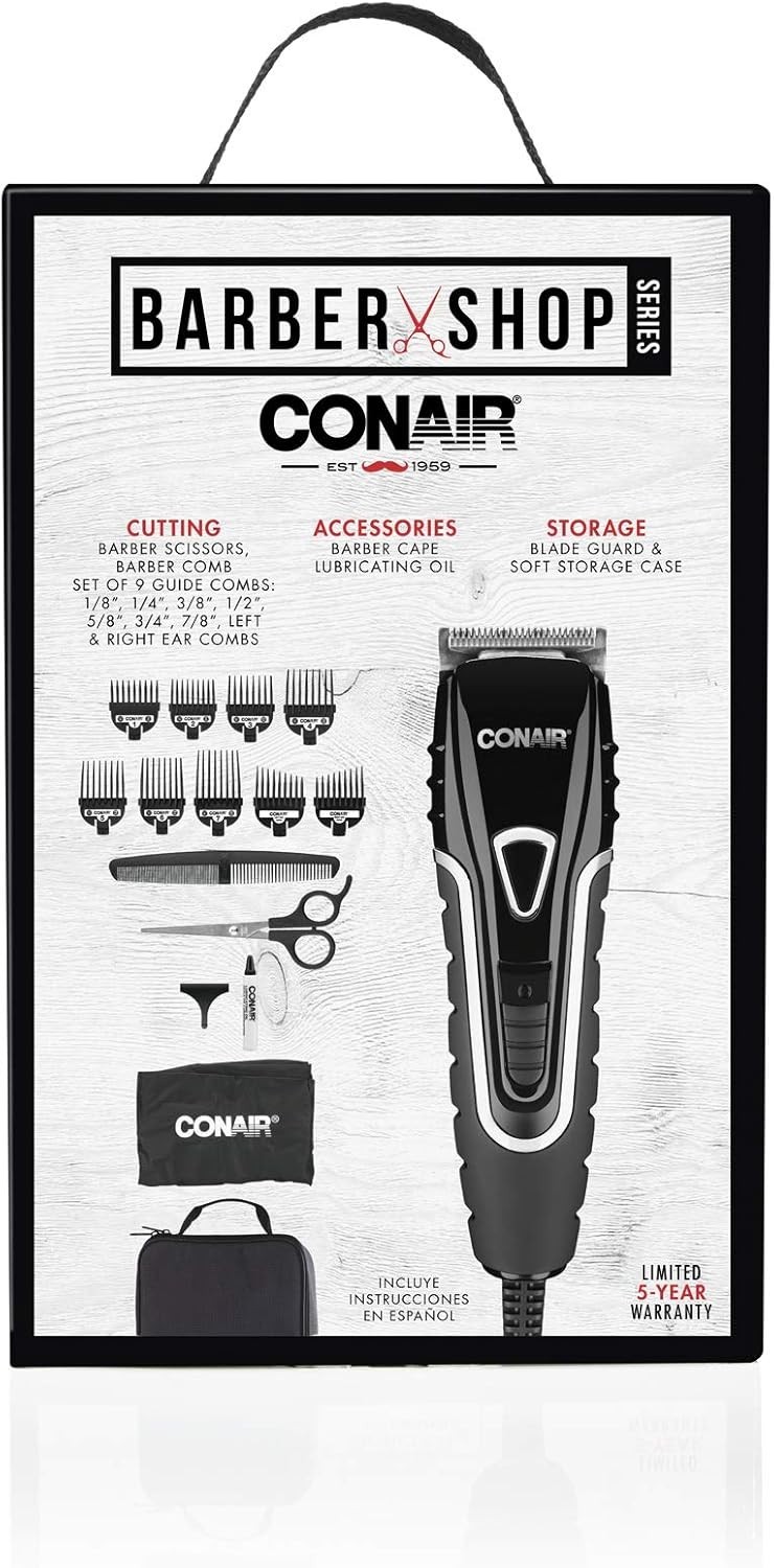Conair Barber Hair Clippers Barbershop Series No-Slip Grip Home Haircut Kit, NEW