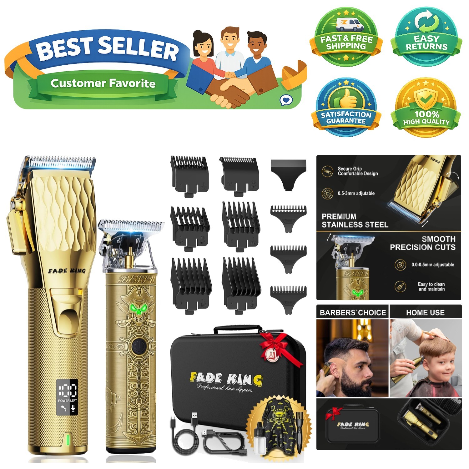 Professional Cordless Hair Clippers & Beard Trimmer Set – Gold & Bronze Style