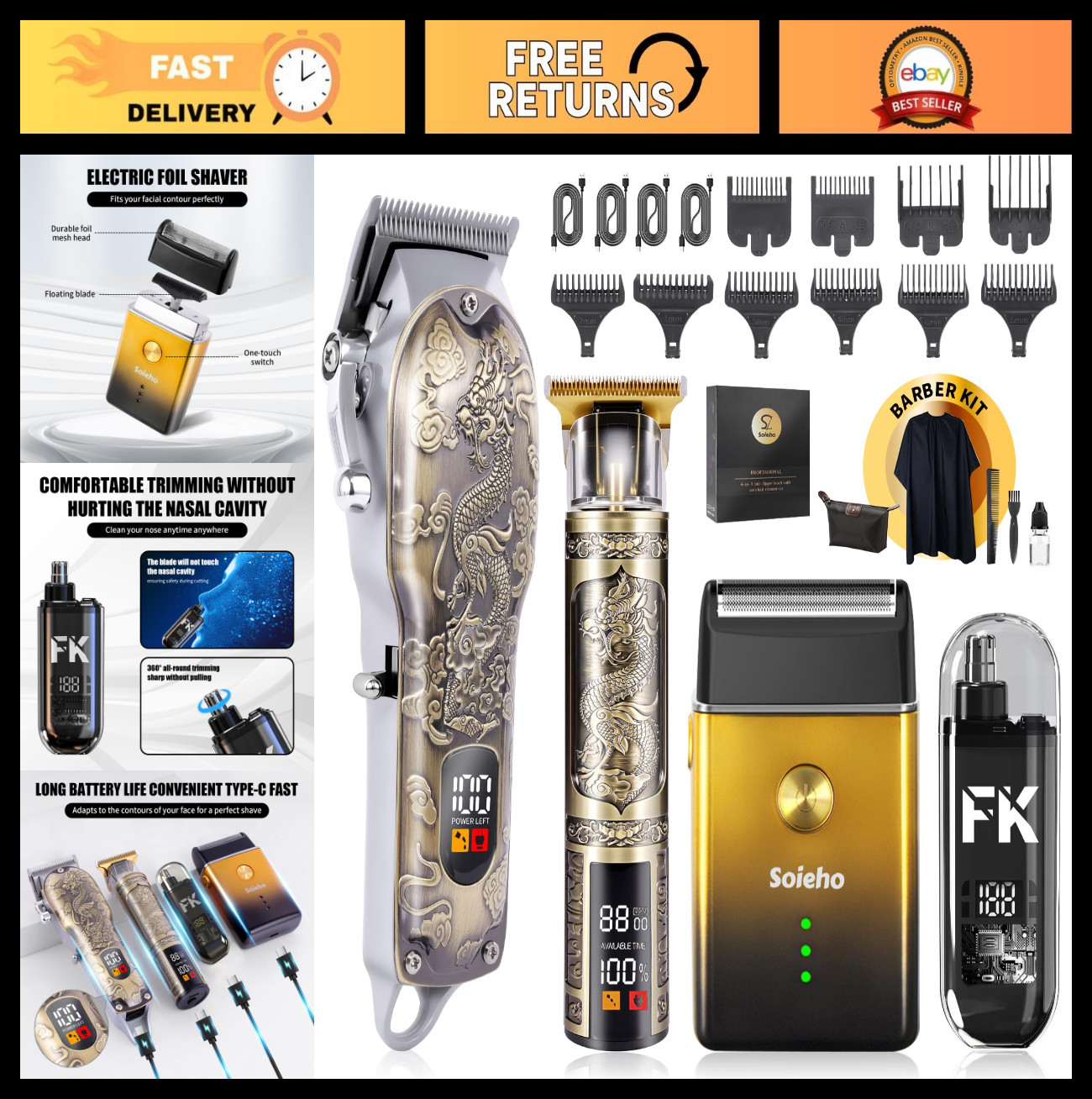Cordless Hair Clipper Set for Men – T-Shaped Beard Trimmer & Nose Hair Trimmer