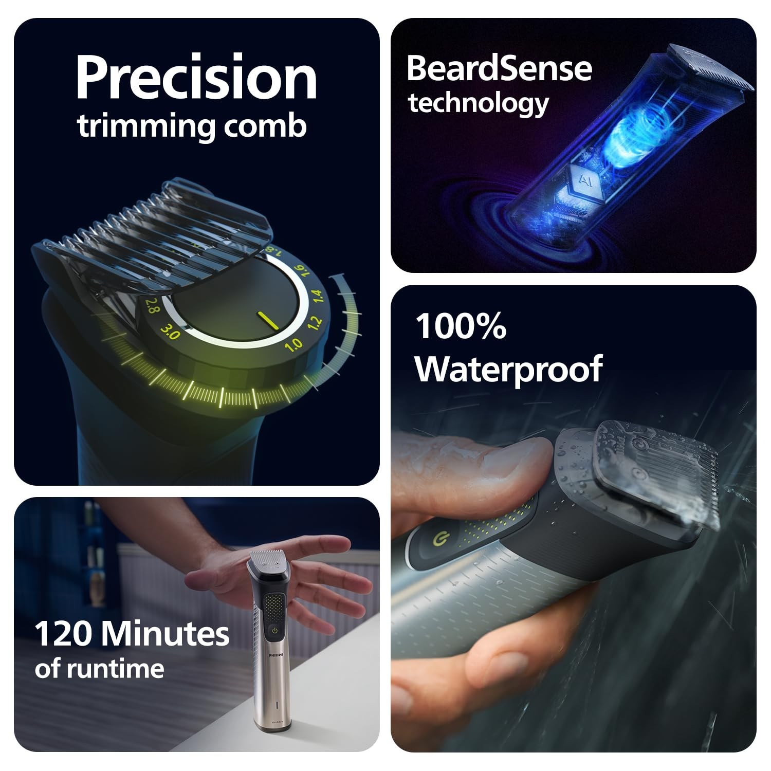 Philips 15-in-1 BeardSense Trimmer, 120-Min Runtime, 3-Year Warranty, Waterproof