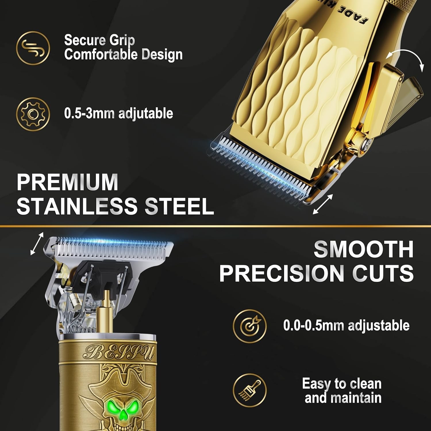 Professional Cordless Hair Clippers & Beard Trimmer Set – Gold & Bronze Style