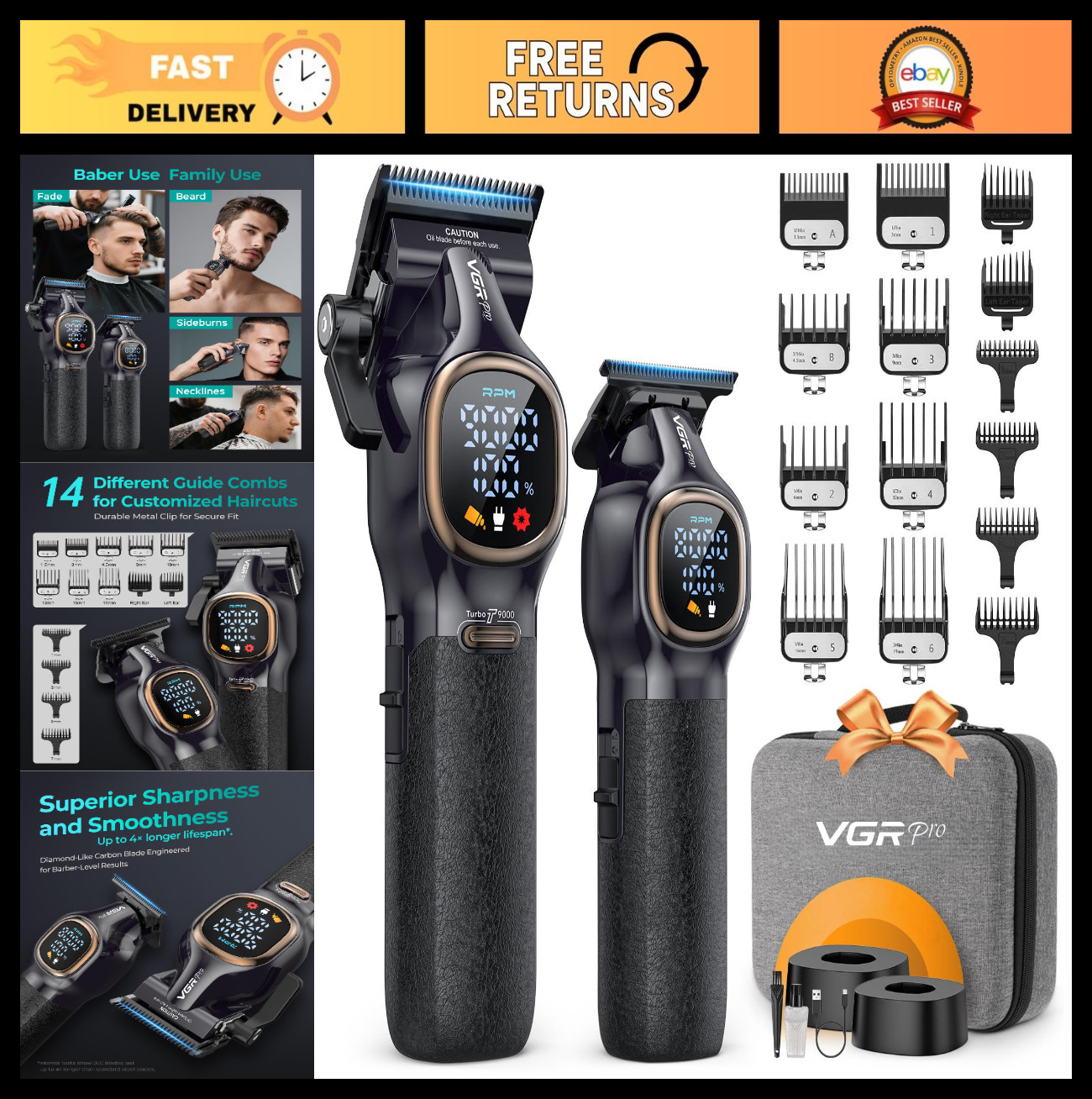 Professional Hair Clippers Set for Men, Cordless Barber Trimmer, 9000 RPM Rechar