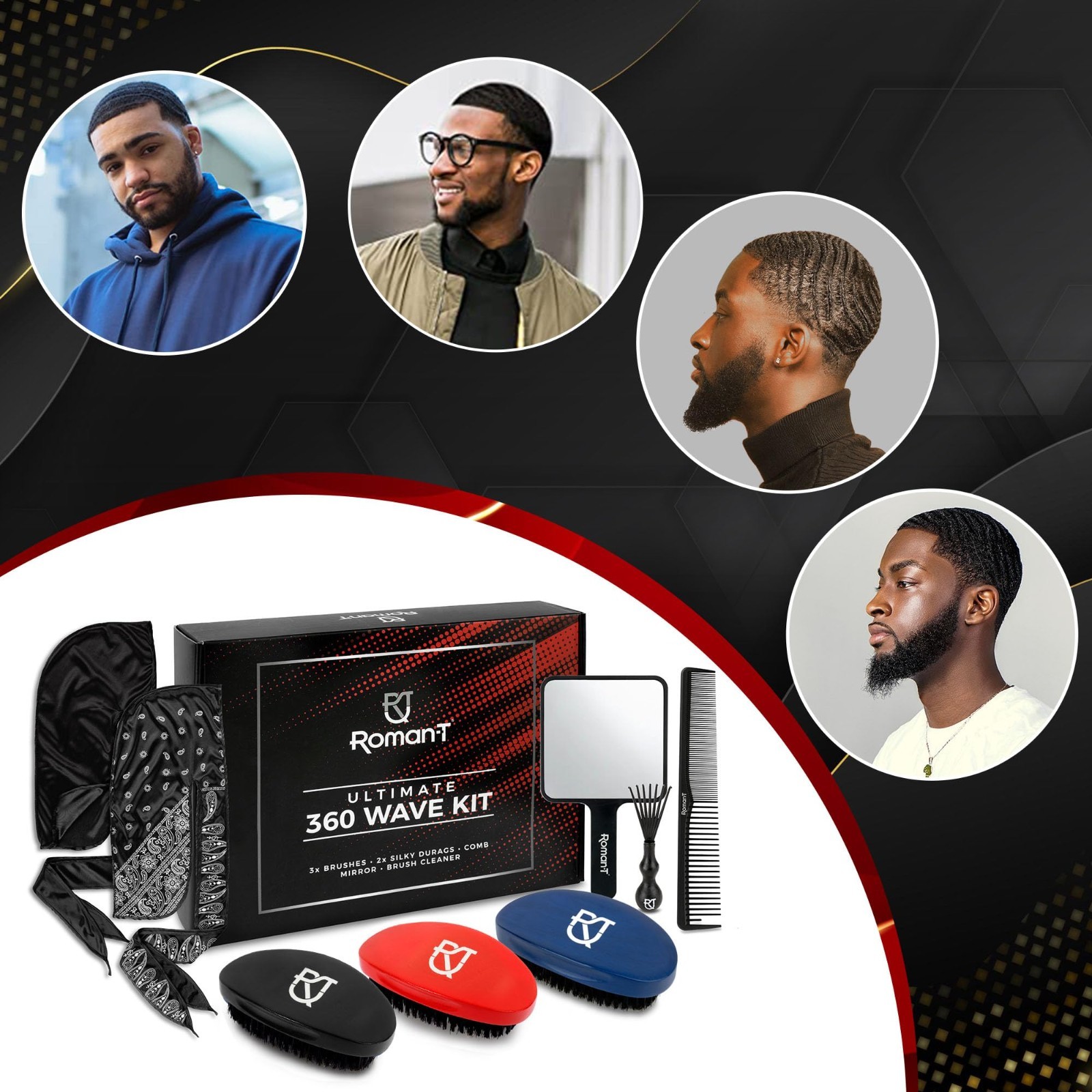 8-in-1 360 Wave Grooming Kit for Men – 3 Wave Brushes, Satin Durags, Mirror & Co