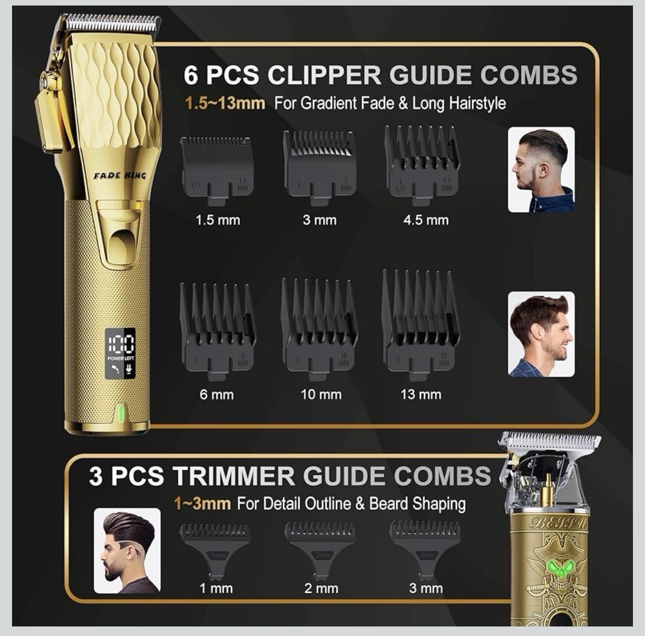 FADE KING FK-807 Cordless USB Haircutting Kit 2 Heads Unisex Gold/Black