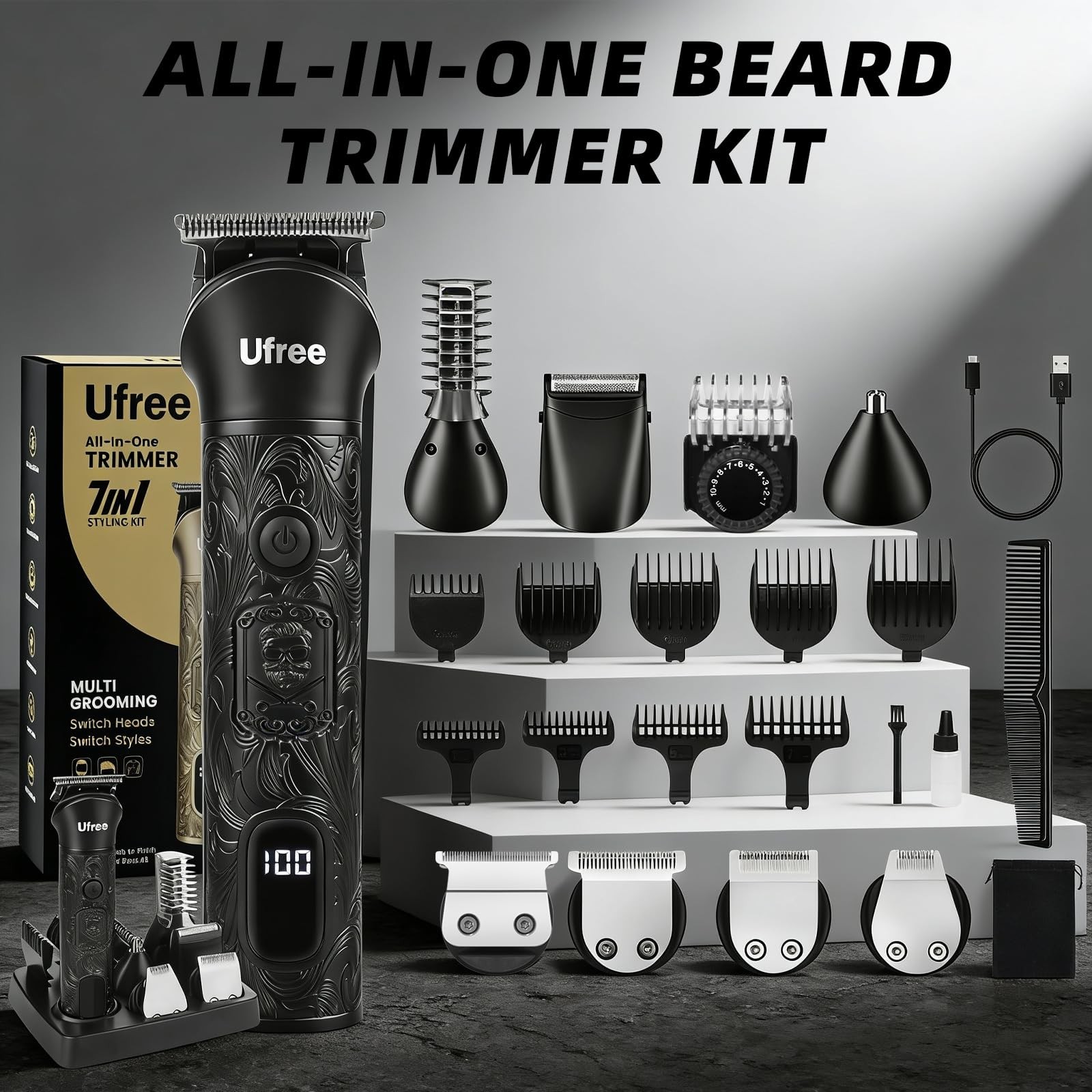 7-in-1 Beard Trimmer Grooming Kit for Men, Electric Razor with LED Display, Adju