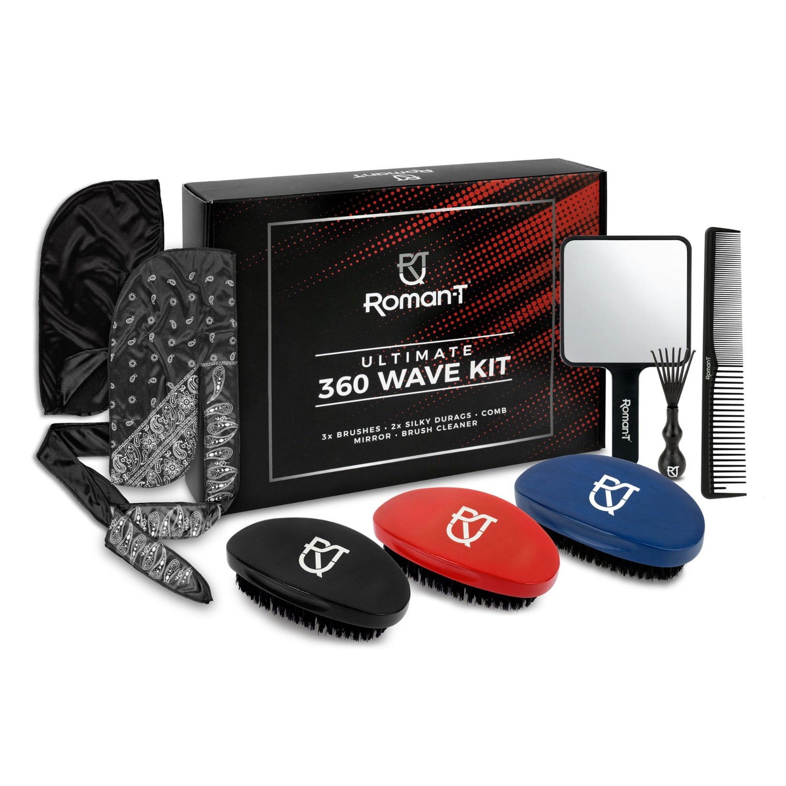 8-in-1 360 Wave Grooming Kit for Men – 3 Wave Brushes, Satin Durags, Mirror & Co