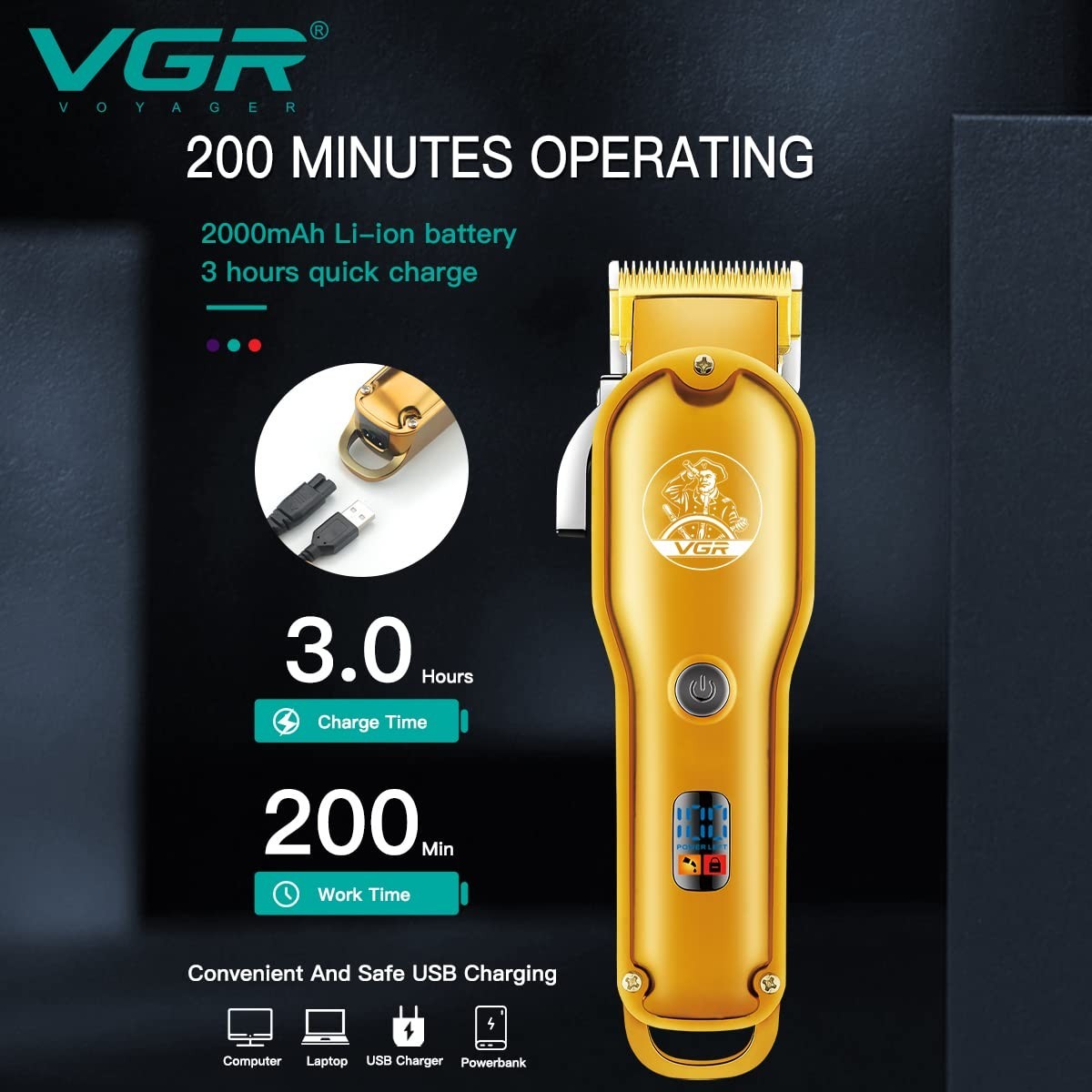 VGR Model 1 Gold Professional Beard and Hair Trimmer Clipper / FREE SHIPPING