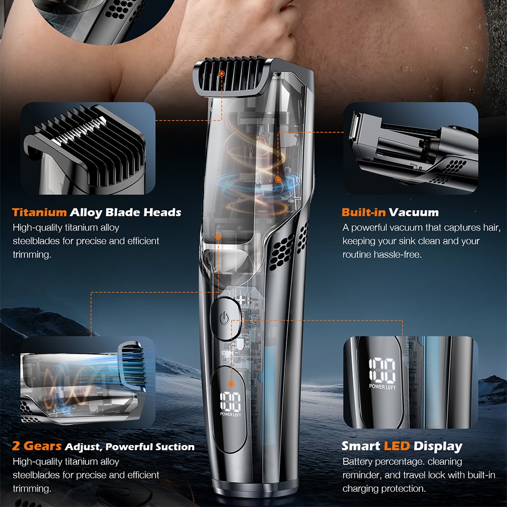Vacuum Beard Trimmer for Men with 20 Length and Styles Adjustable Rechargeable