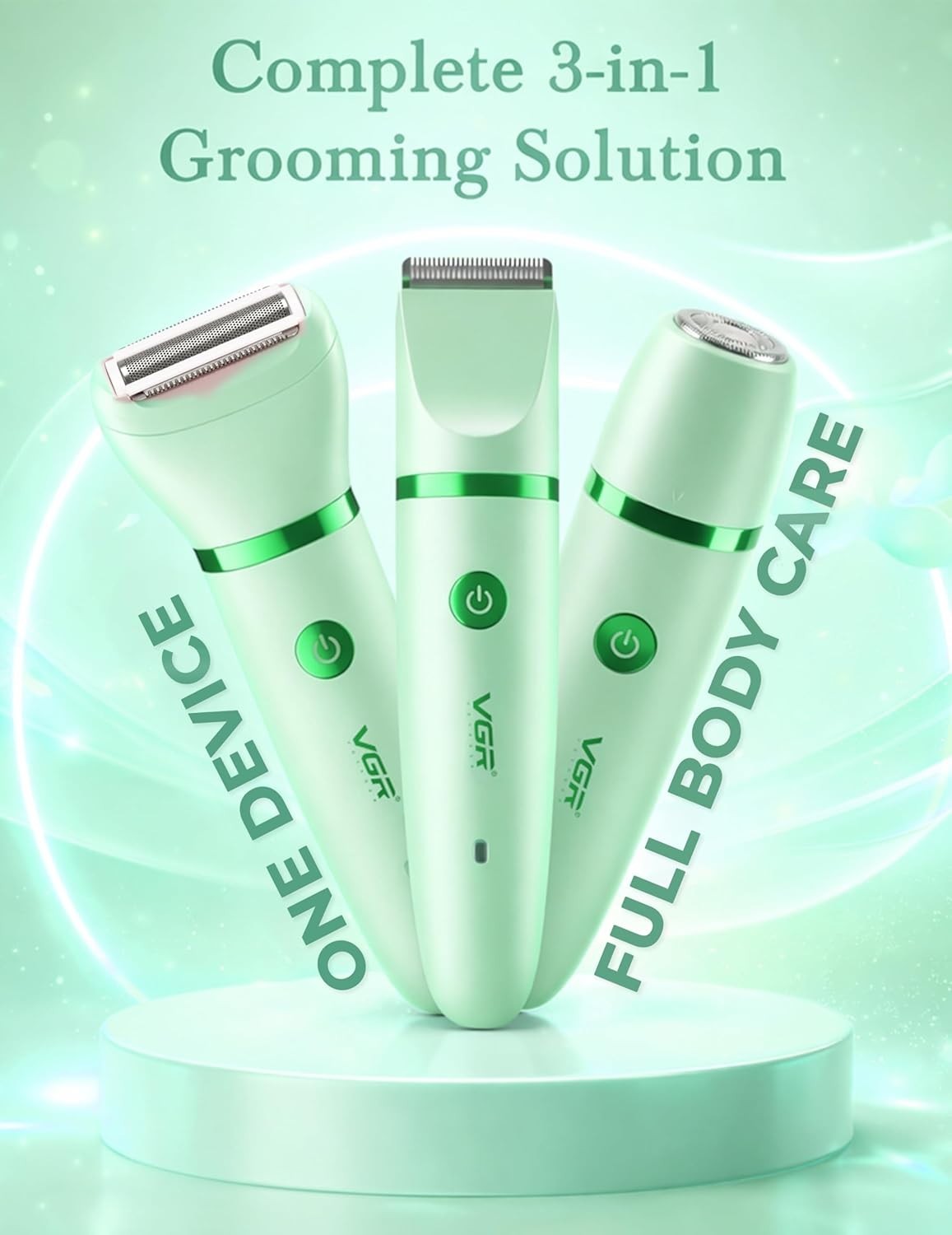 VGR V-735 3-in-1 Lady Shaver Waterproof USB-C Rechargeable Trimmer Green