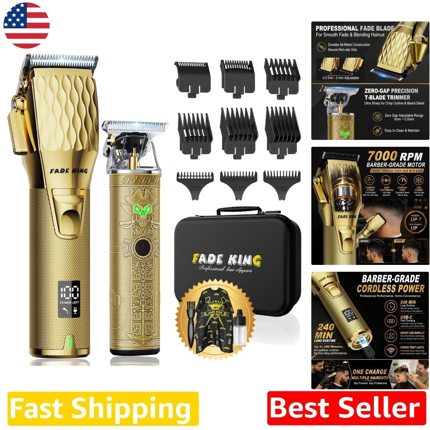 Professional Hair Clippers Men Cordless Barber Trimmer Gold Zinc Alloy