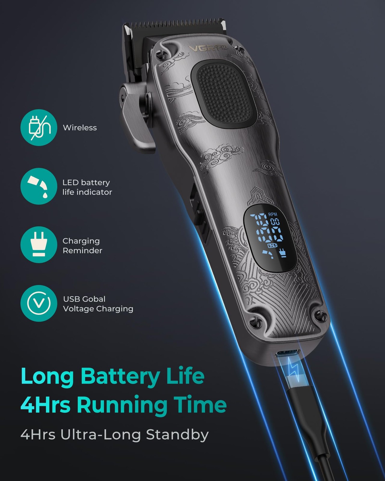 VGRPRO Hair Clippers Gray Cordless Corded