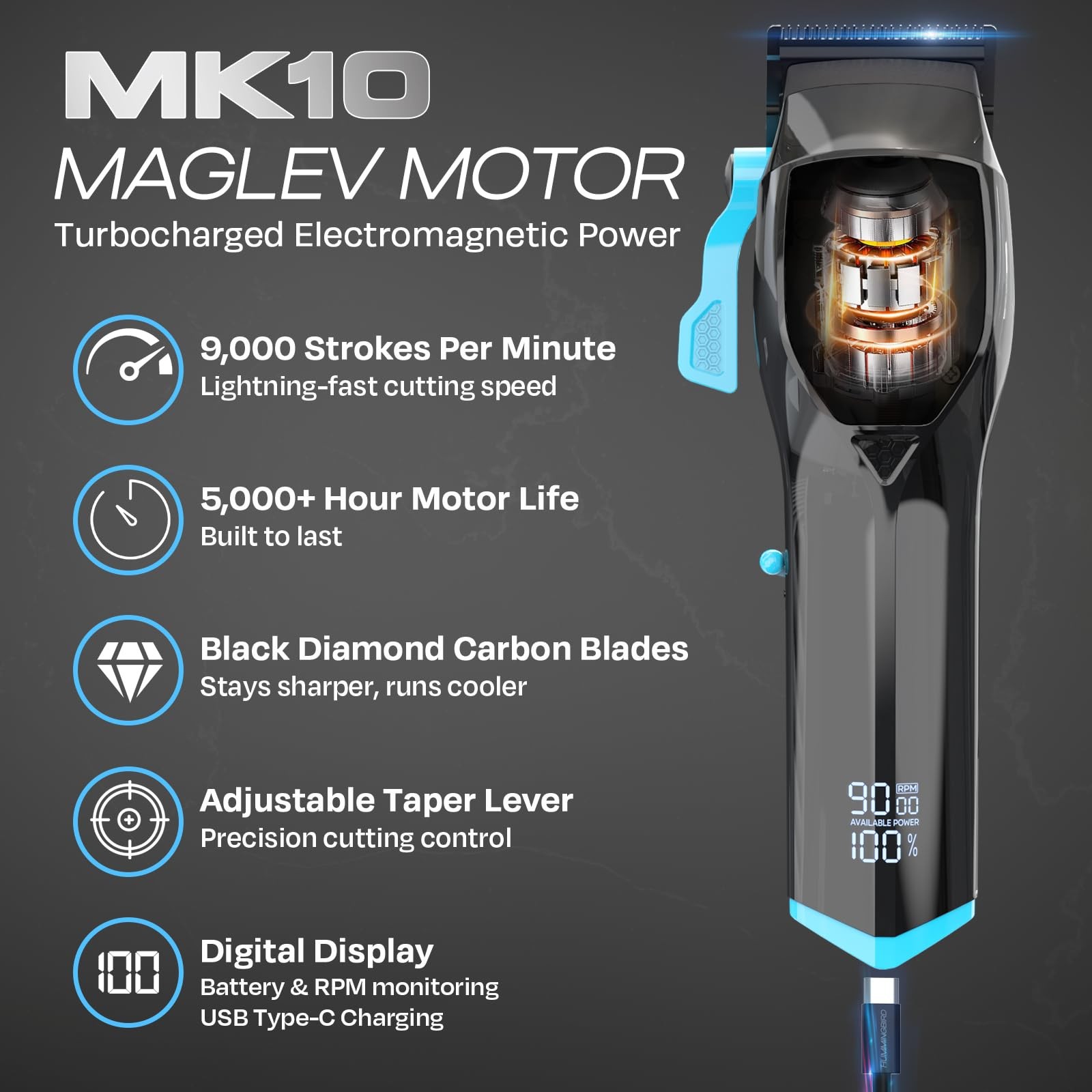 HUMMINGBIRD MK10 Pro Series Hair Clippers – 9,000 RPM Brushless Motor, DLC Bl…