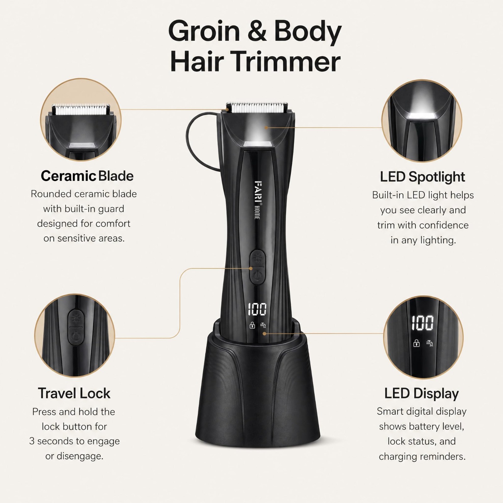 8-in-1 Electric Body & Beard Hair Trimmer, Waterproof Wet/Dry Clipper, LED Light