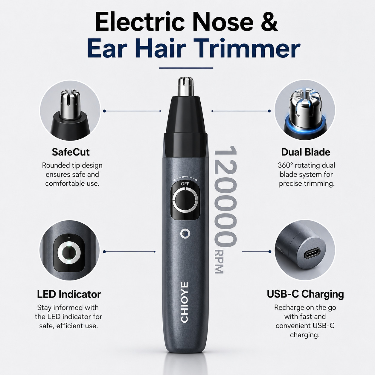 Ear and Nose Hair Trimmer with LED indicator USB Rechargeable Water Resistant