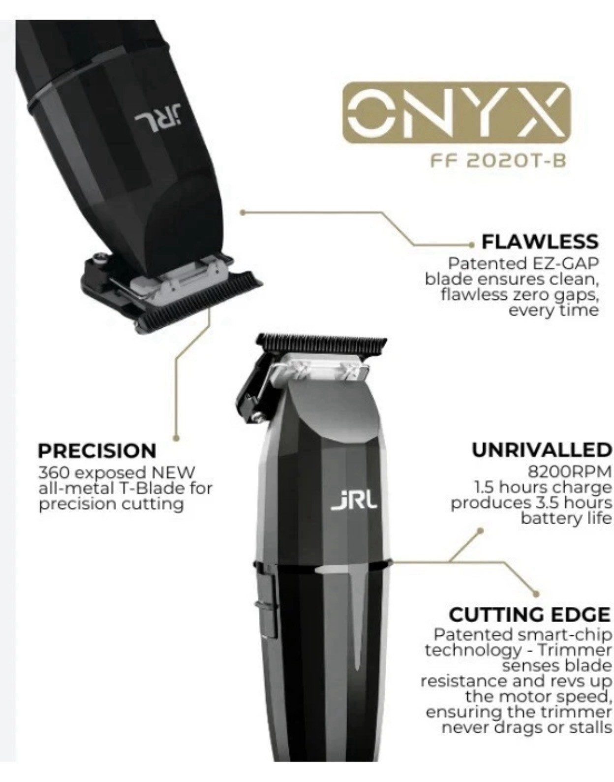 JRL 2020T-B Onyx Professional Cordless Hair Trimmer w/ EZ-Gap Blade – BRAND NEW