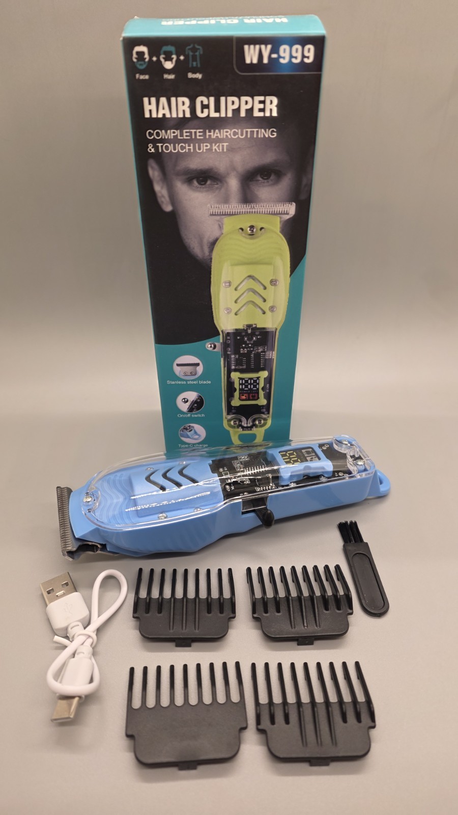 Rechargeable Electric Mens Hair Clippers With Attachments & USB-C Charging Cord.