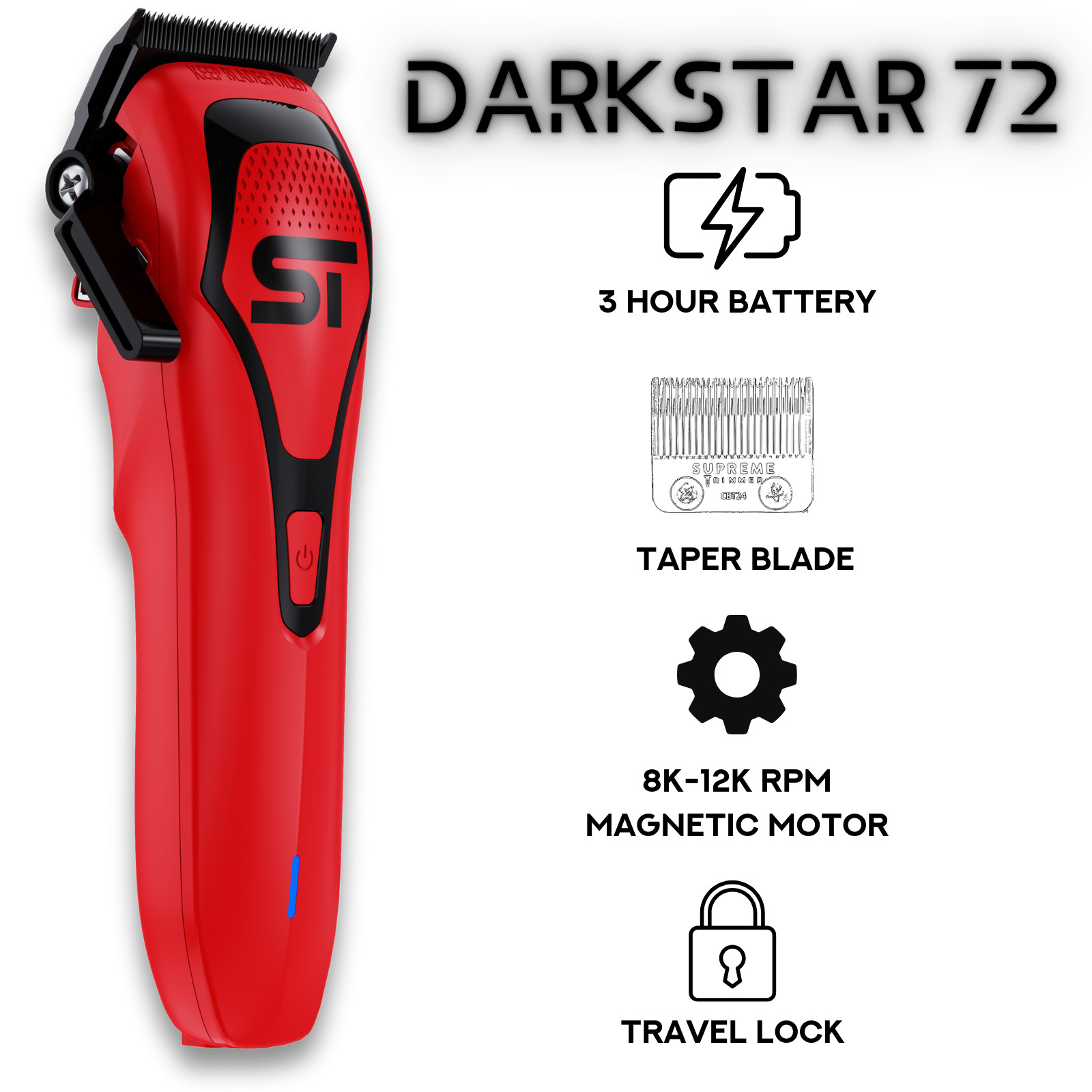 Supreme Trimmer DARKSTAR 72 DLC Taper Clipper w/ Magnetic Vector Motor | Red