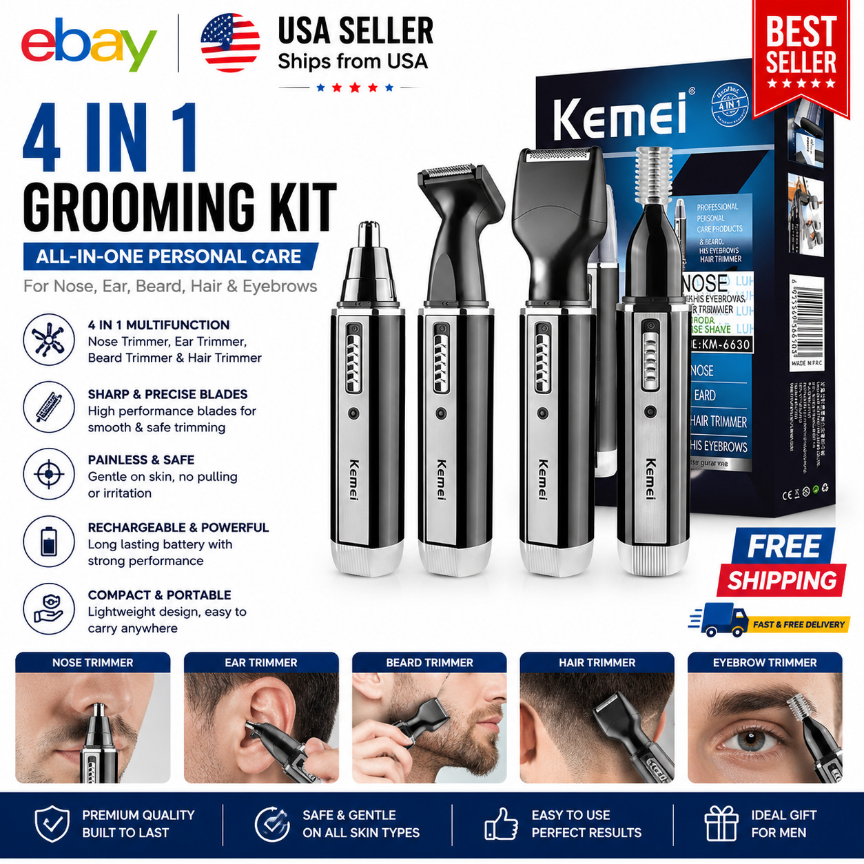 4in1 Rechargeable Nose Ear Eyebrow Beard Trimmer Ear Hair Removal Clean for Men