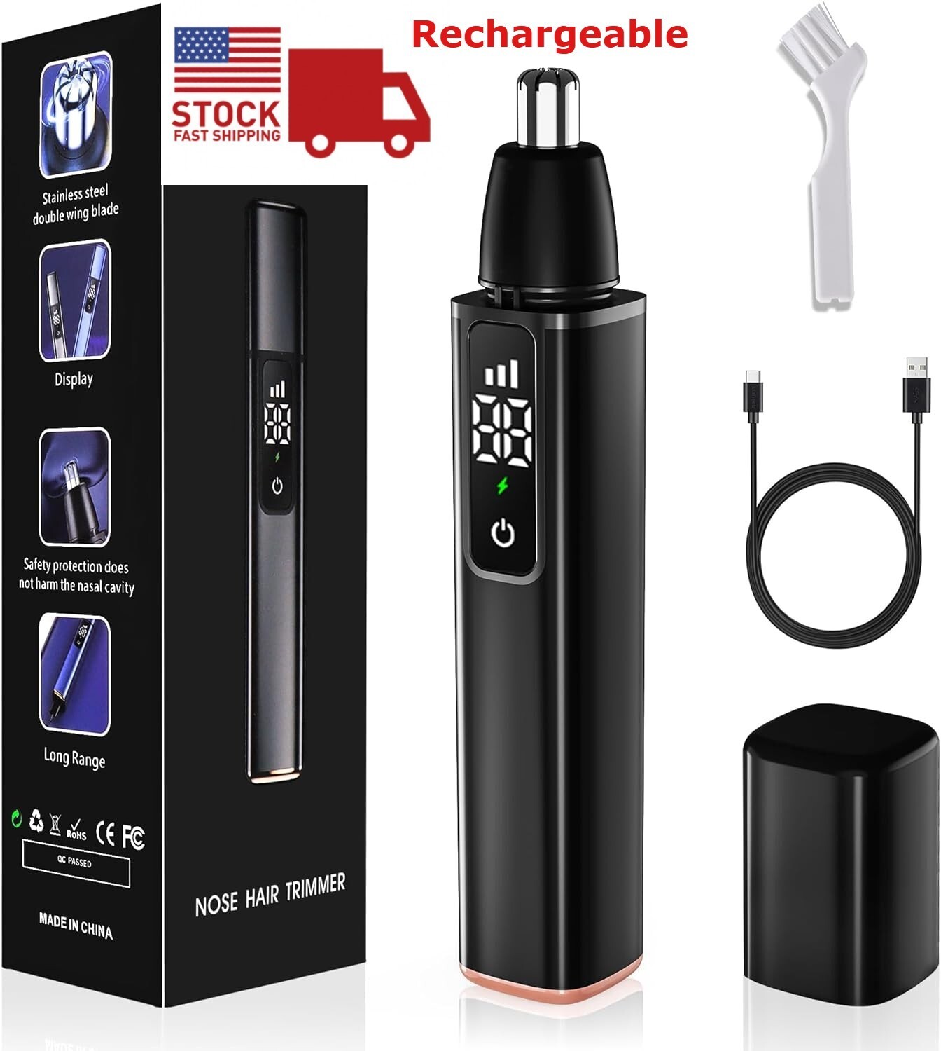 Ear and Nose Hair Trimmer with LED Display, USB Rechargeable Nose Trimmer
