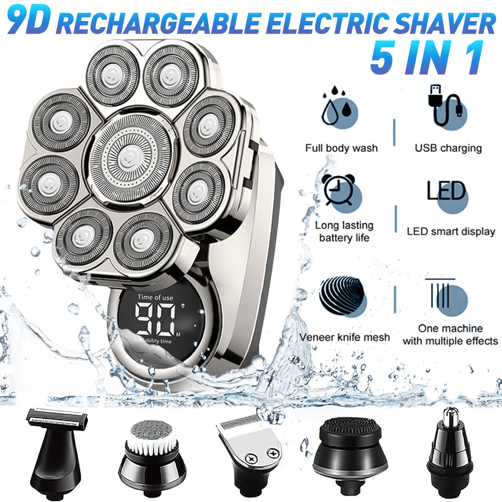 9D 5in1 Rotary Electric Shaver Cordless Hair Trimmer Bald Head Razor Men Wet&Dry