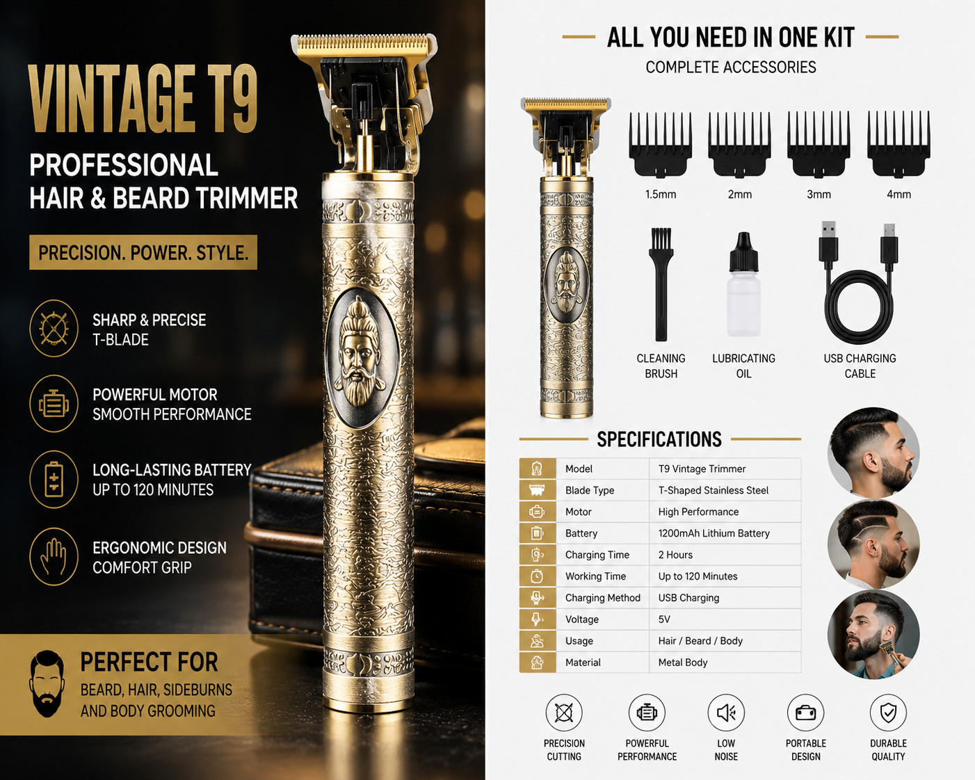 Vintage T9 Barbeador Gold Silver Beard Hair Trimmer Cutter Machine for Men