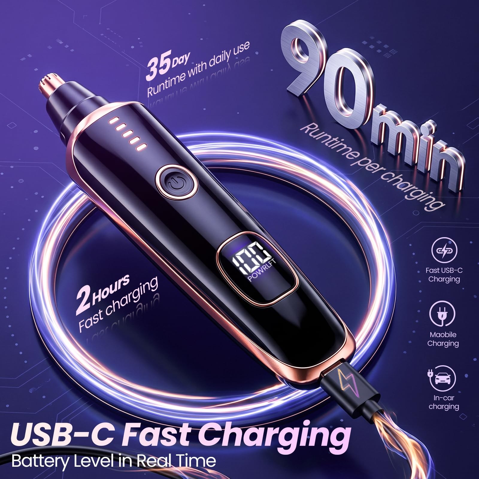Rechargeable Waterproof Hair Trimmer 36 Deg Rotating Head LED Display
