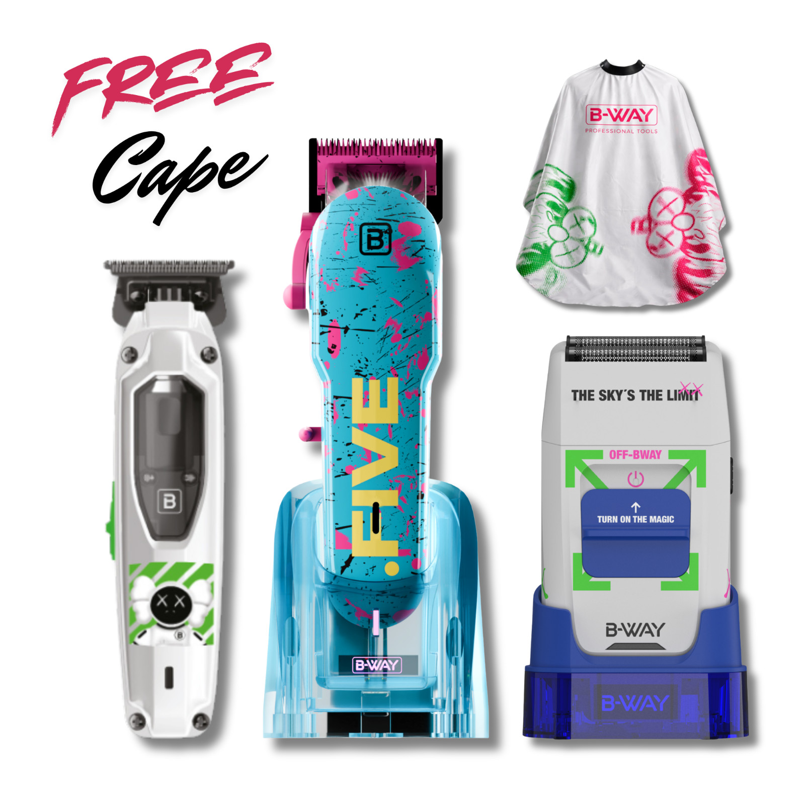 B-Way NEW Five Shorty Clipper, TPro Trimmer, OFF Shaver – 3 in 1 Set + Free Cape