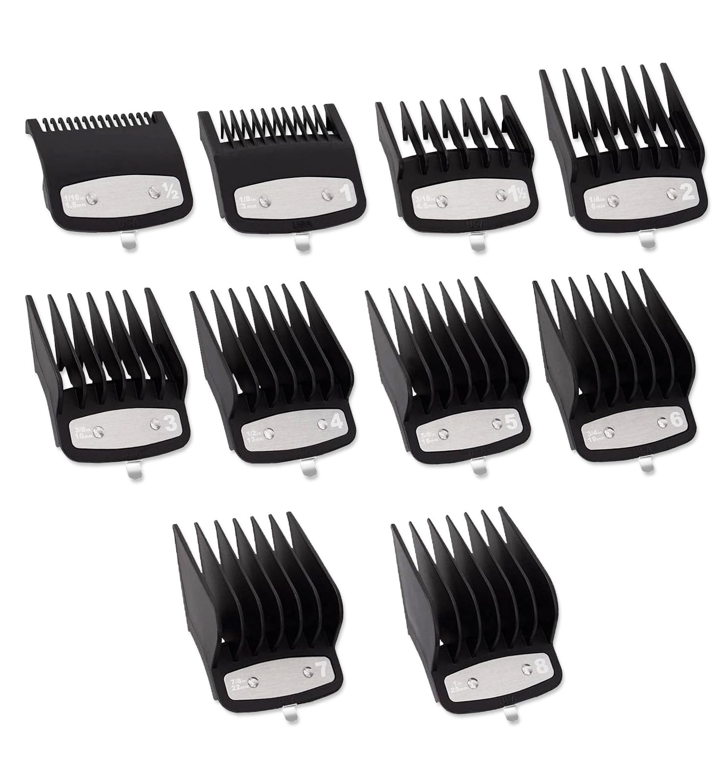 10-Piece Black Clipper Guard Set 1.5-25mm 1-Inch Compatible with Wahl Clippers
