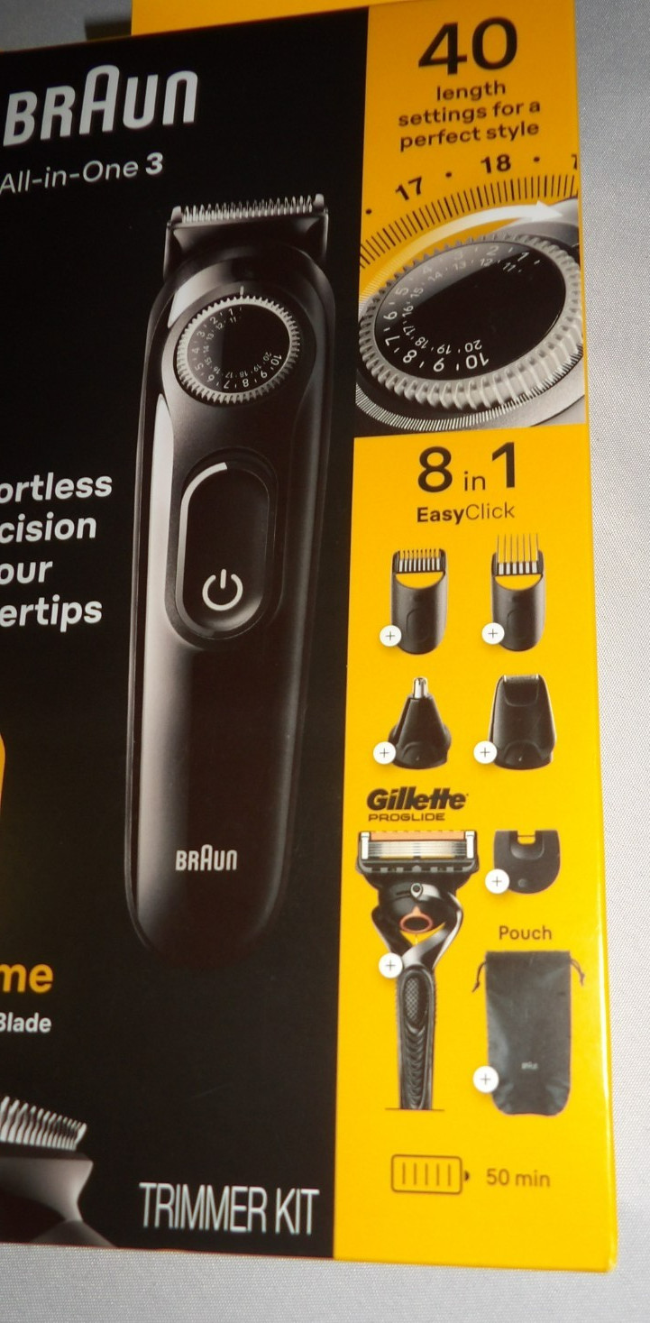 BRAUN All-In-One3 Hair TRIMMER Kit 40 Length Settings 8 in 1 Easy Click