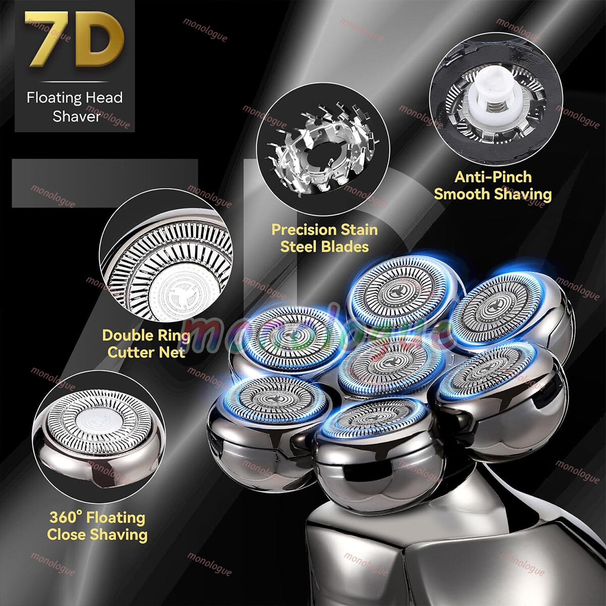 7D 5-in-1 Shaver Cordless Hair Trimmer Bald Head Razor Electric For Men Wet Dry