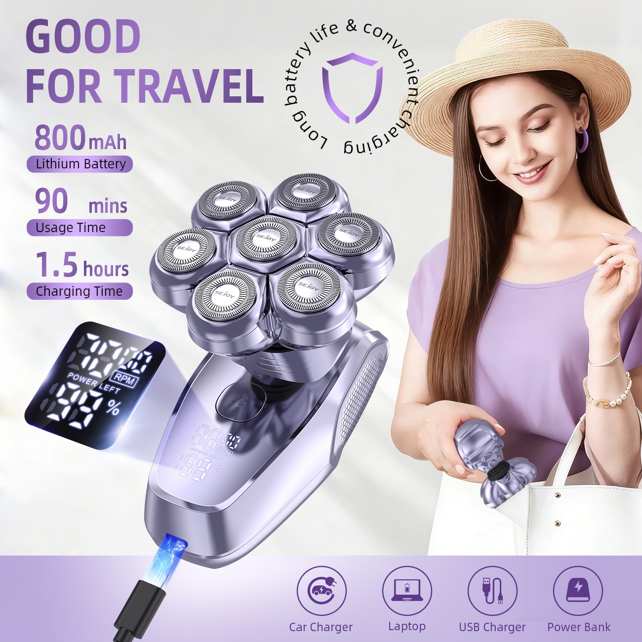SEJOY 5-in-1 Rotary Electric Shaver 7D Rechargeable Bald Head Razor Hair Trimmer