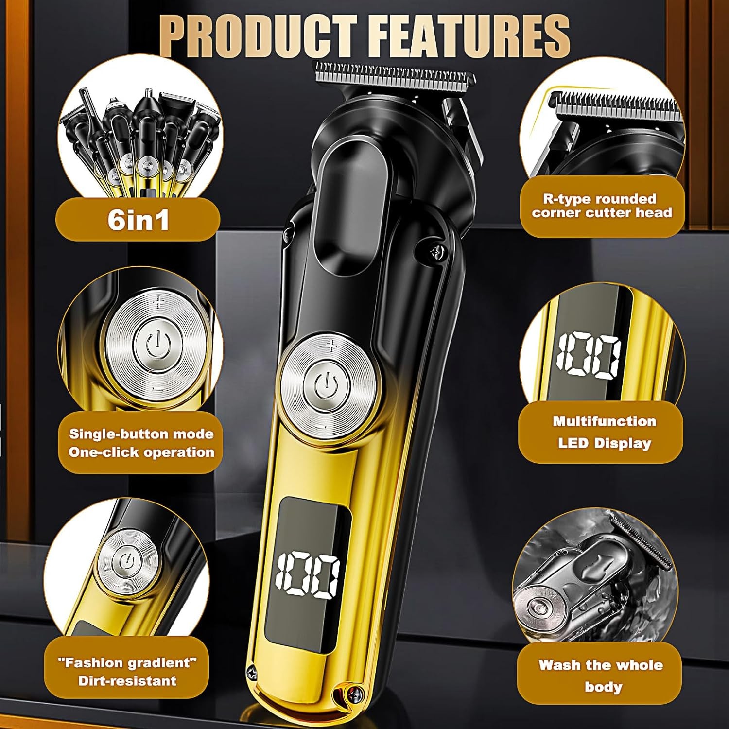 Men’s 6-in-1 Hair Clipper & Beard Trimmer Kit, IPX6 Waterproof