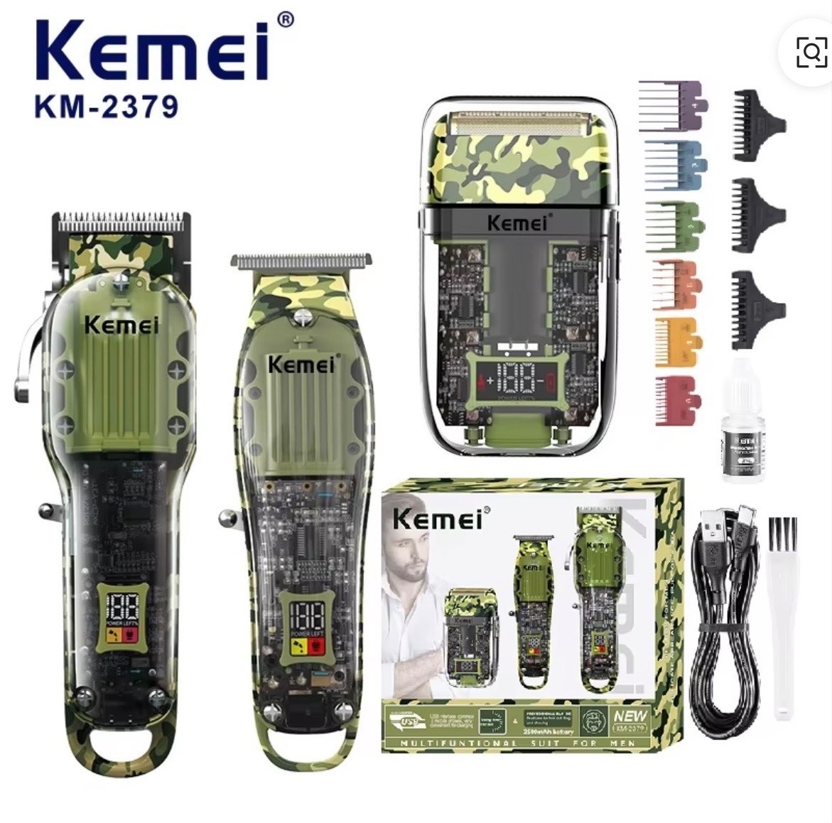 KEMEI professional hair clippers set for men, 17 in 1, transparent camo color