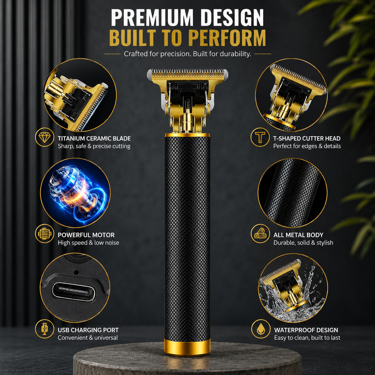 Vintage T9 Black Gold Cordless Hair Trimmer Clipper USB Rechargeable Men