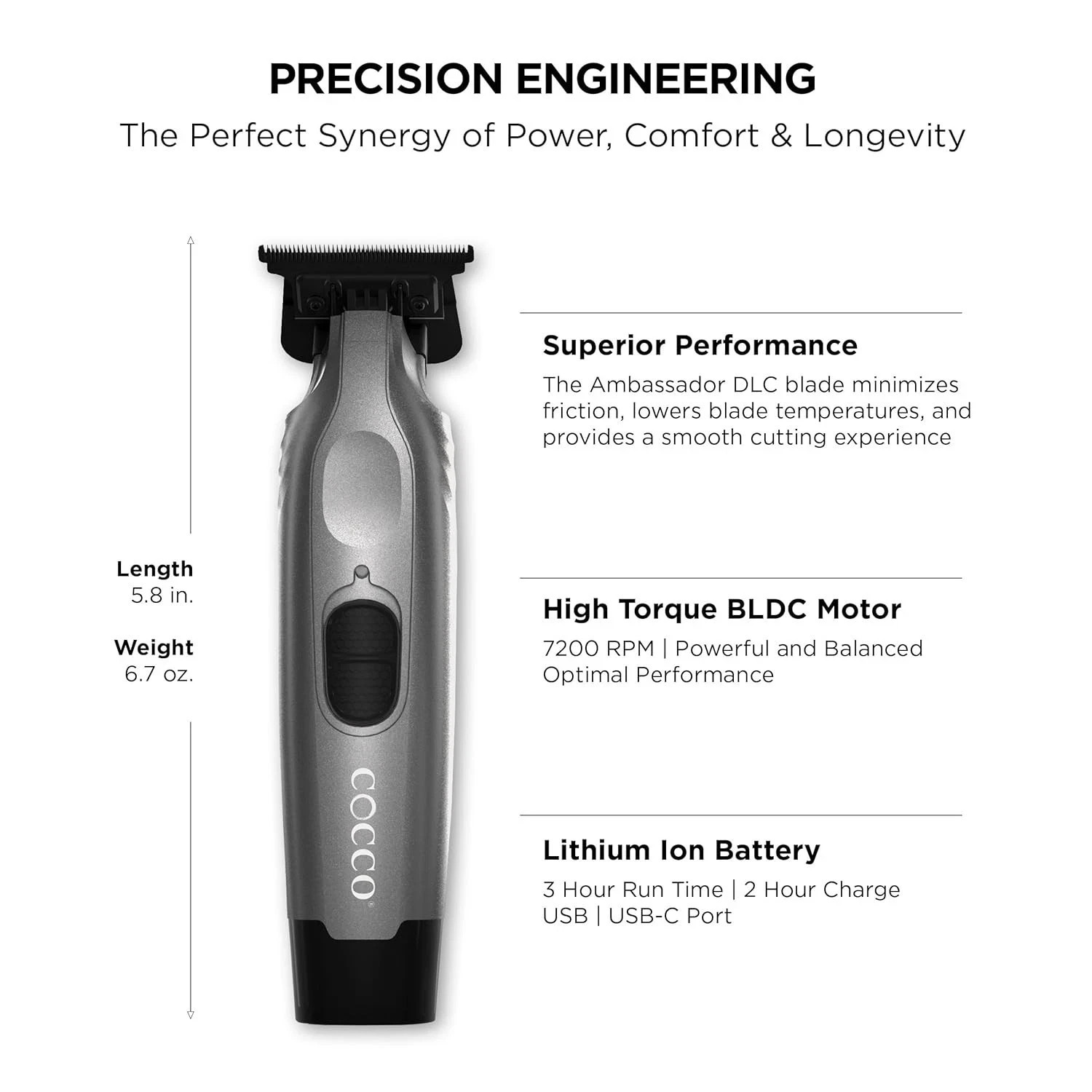 COCCO Veloce Pro MATTE GREY Trimmer, Brushless Motor with Digital GAP DLC Blade