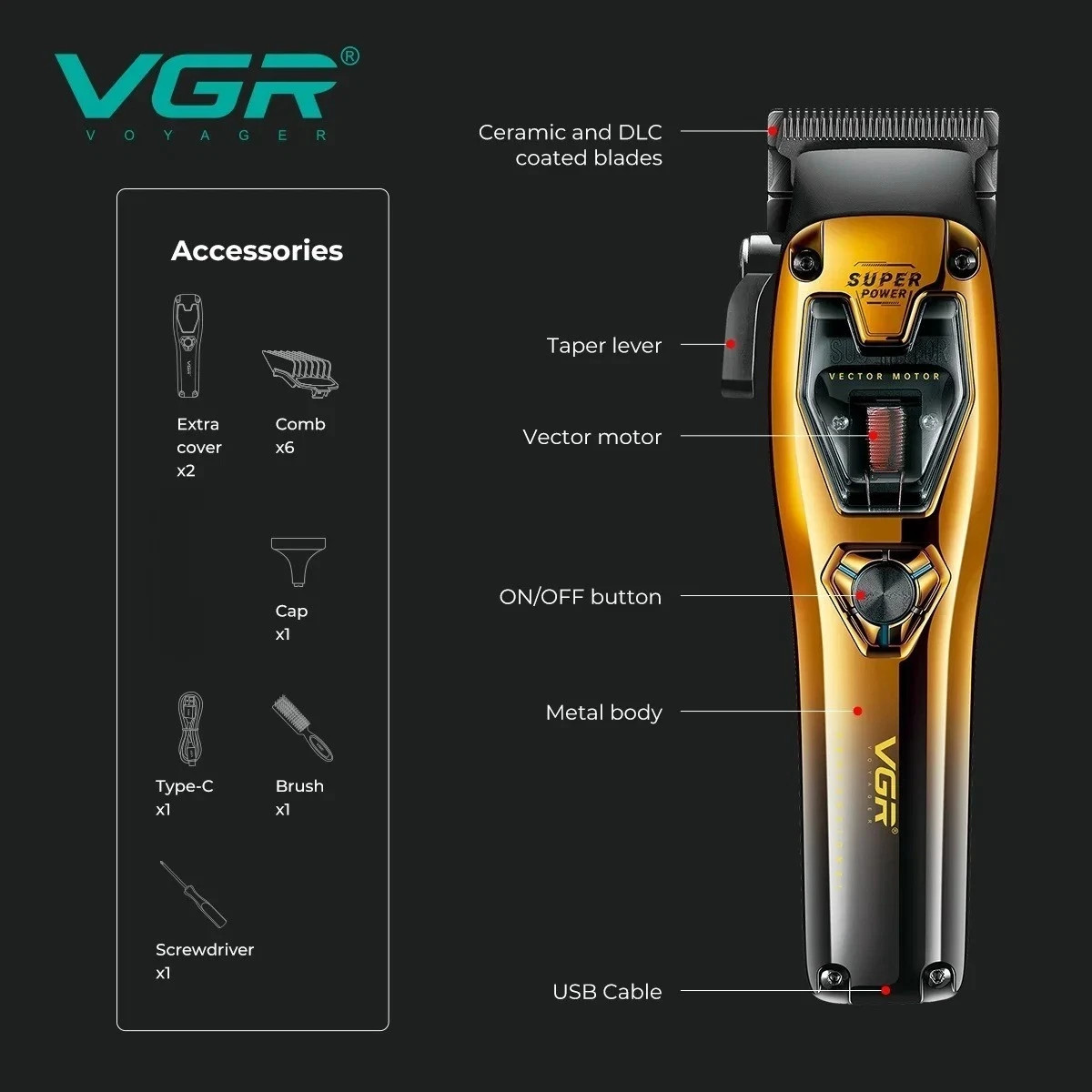 VGR V-668 Hair Clippers Professional 8000-11000 RPM Vector Motor USB Charging