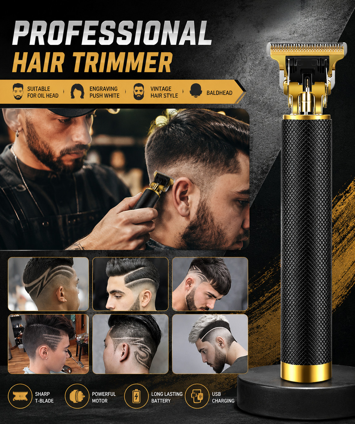 Vintage T9 Black Gold Cordless Hair Trimmer Clipper USB Rechargeable Men