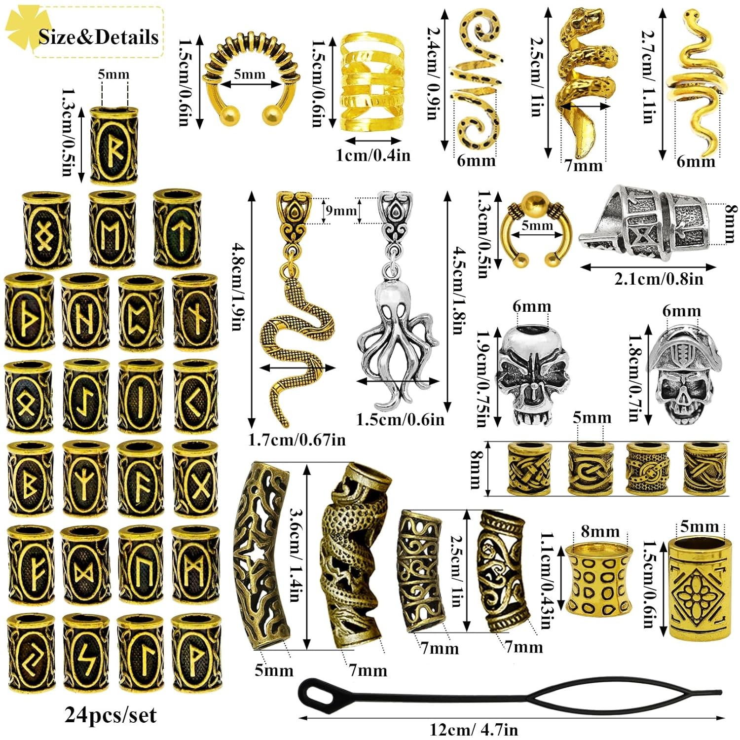 207Pcs Viking Hair Jewelry Nordic Runes Tube Beads,Accessories Gold n Silver