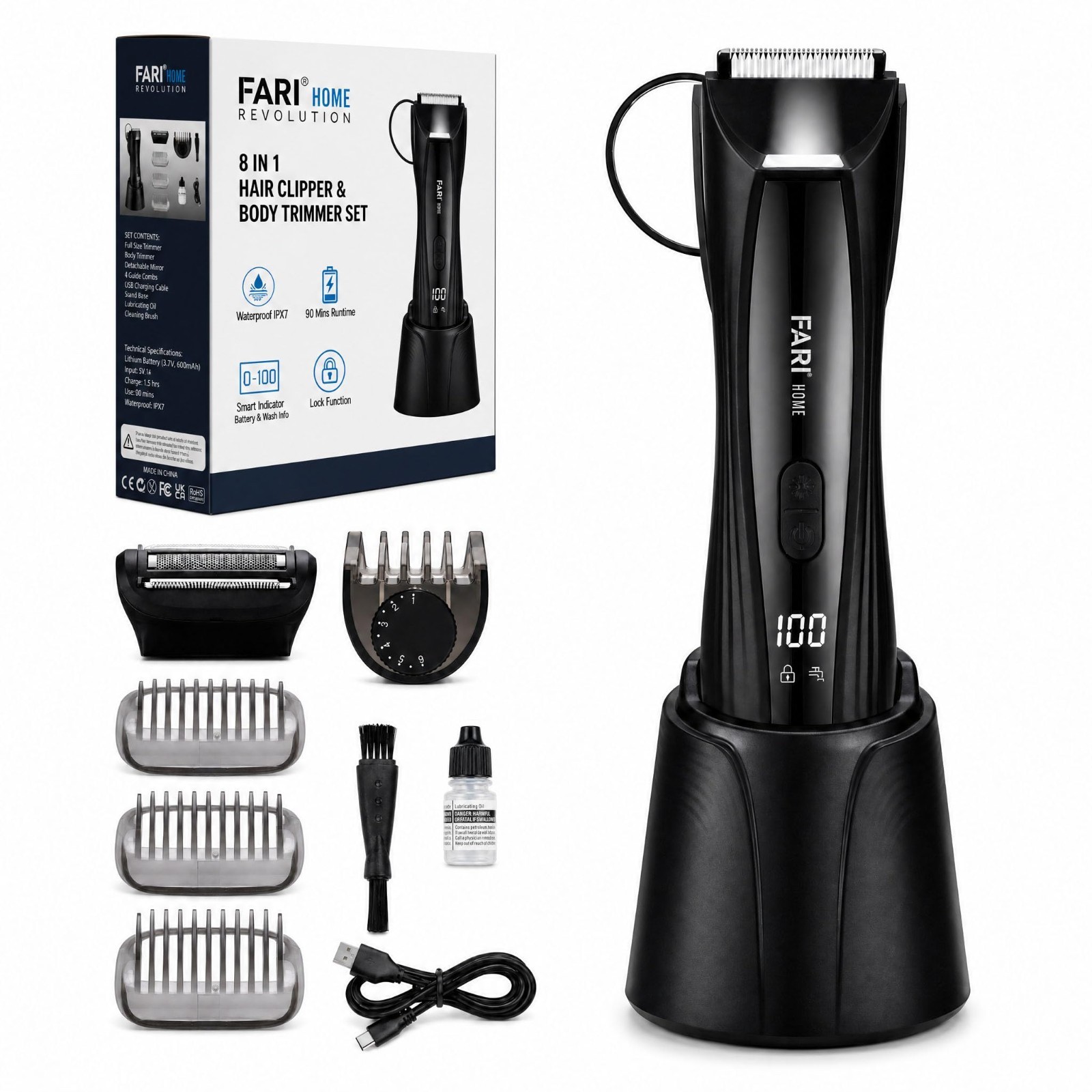 8-in-1 Electric Body & Beard Hair Trimmer, Waterproof Wet/Dry Clipper, LED Light