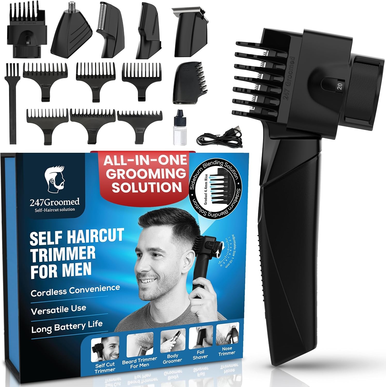247 Groomed Self Haircut Kit for Men: Beard, Nose, Body Trimmer & Shaver